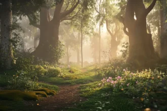 Sunlit forest path with trees and wildflowers