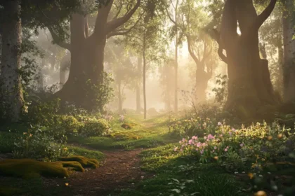 Sunlit forest path with trees and wildflowers