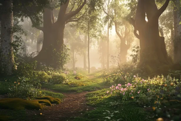 Sunlit forest path with trees and wildflowers