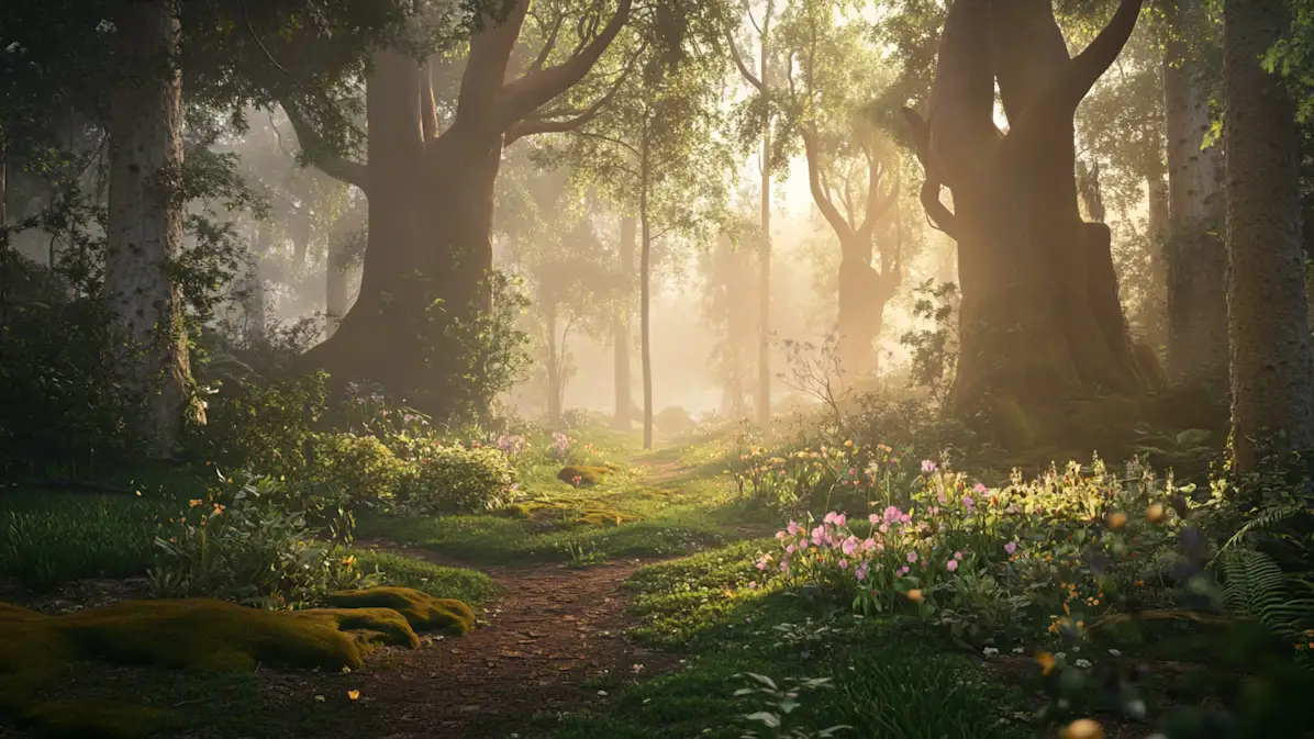 Sunlit forest path with trees and wildflowers