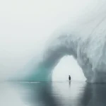 Penguin near natural arch iceberg in tranquil polar waters