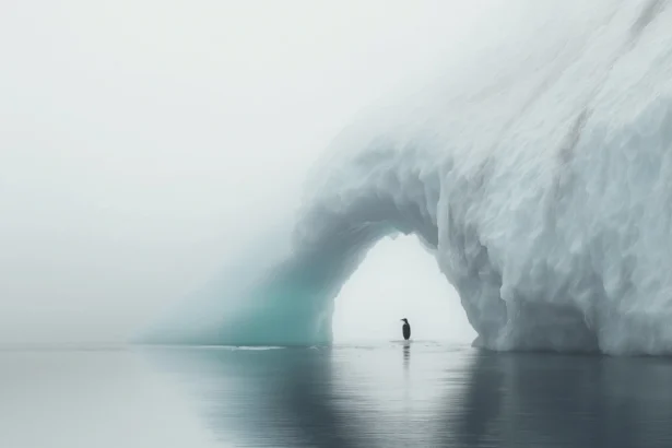 Penguin near natural arch iceberg in tranquil polar waters