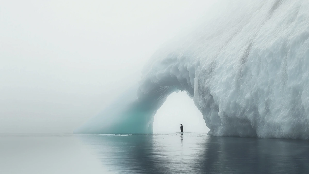 Penguin near natural arch iceberg in tranquil polar waters