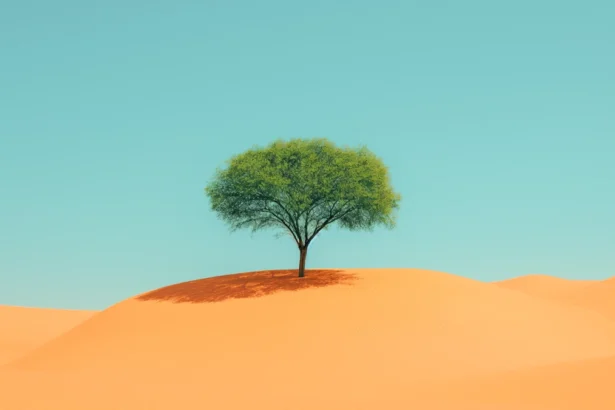 Green tree alone on golden sand dune under blue sky in desert