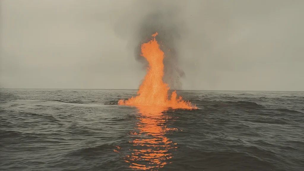 Large flame erupting from the ocean during a volcanic eruption with smoke and dark waves.