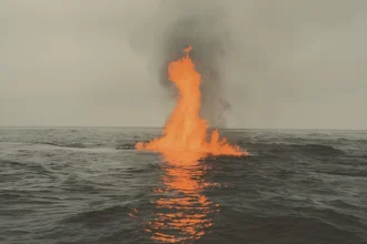 Large flame erupting from the ocean during a volcanic eruption with smoke and dark waves.