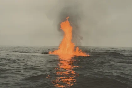 Large flame erupting from the ocean during a volcanic eruption with smoke and dark waves.