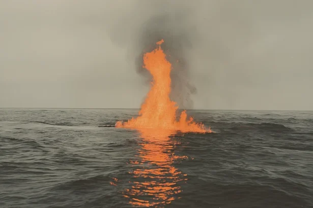 Large flame erupting from the ocean during a volcanic eruption with smoke and dark waves.