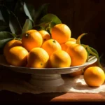 Oranges on a ceramic dish with green leaves under natural light