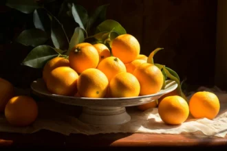 Oranges on a ceramic dish with green leaves under natural light