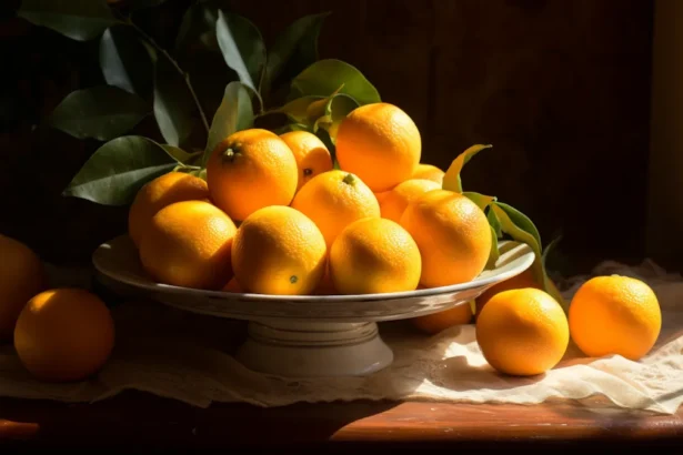 Oranges on a ceramic dish with green leaves under natural light