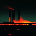 Industrial night scene with chimneys and fiery glow against green sky.