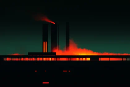 Industrial night scene with chimneys and fiery glow against green sky.