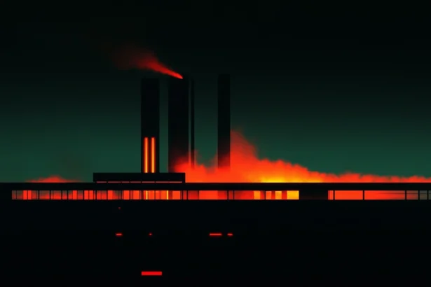 Industrial night scene with chimneys and fiery glow against green sky.