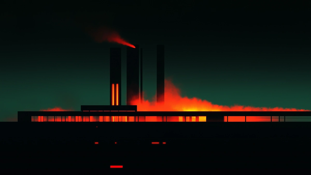 Industrial night scene with chimneys and fiery glow against green sky.