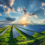Large solar panels in a vast farm at sunrise capturing sunlight for renewable energy.