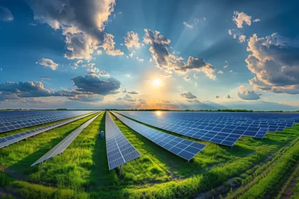 Large solar panels in a vast farm at sunrise capturing sunlight for renewable energy.