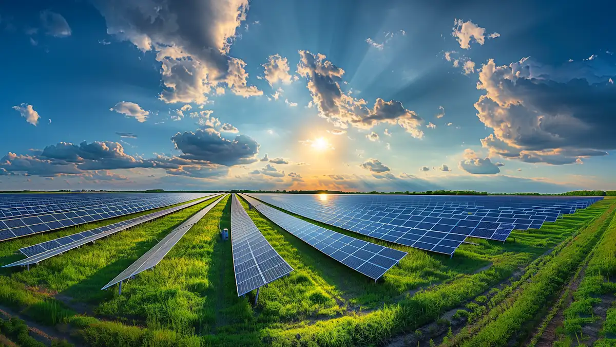 Large solar panels in a vast farm at sunrise capturing sunlight for renewable energy.