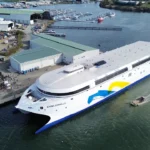 Large electric ferry under construction with batteries and waterjets, destined for South American routes.