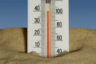 Thermometer in sand with a clear blue sky backdrop