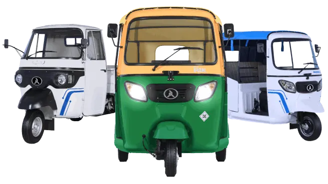 Three images of Atul Auto vehicles showcasing design and features.