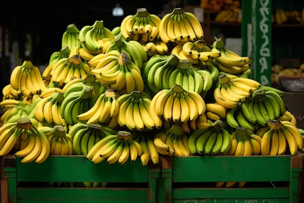 Colorful bananas in green crate at a lively market.