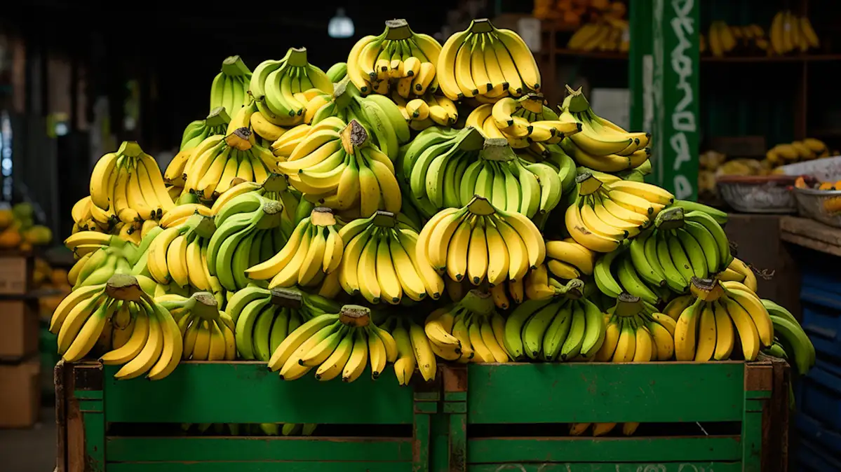 Colorful bananas in green crate at a lively market.