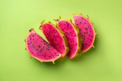 Colorful dragon fruit slices on green background showcasing their vivid flesh and seeds.