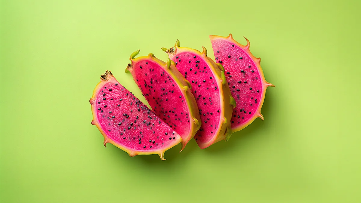 Colorful dragon fruit slices on green background showcasing their vivid flesh and seeds.