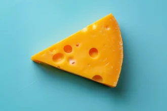 Swiss cheese slice with holes on turquoise background.