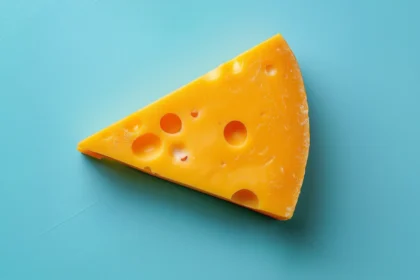 Swiss cheese slice with holes on turquoise background.