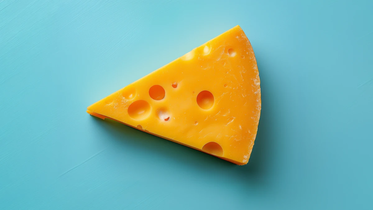 Swiss cheese slice with holes on turquoise background.