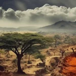 Savanna scene with acacia trees, red soil, and two figures on a dirt path in Africa.