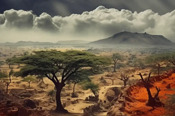 Savanna scene with acacia trees, red soil, and two figures on a dirt path in Africa.