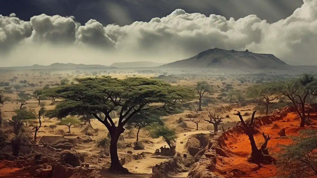 Savanna scene with acacia trees, red soil, and two figures on a dirt path in Africa.
