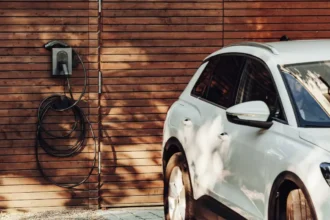 White car parked in front of wooden wall in outdoor setting.
