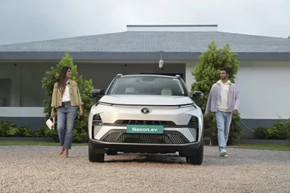 White Tata Nexon SUV parked outdoors.