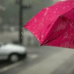 Women holding pink umbrellas during heavy rain in Delhi, India.