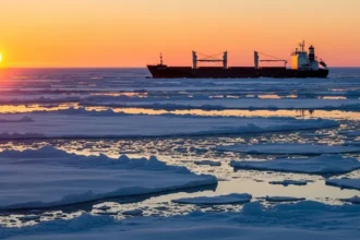 Cargo ship sailing among melting Arctic ice at sunset.