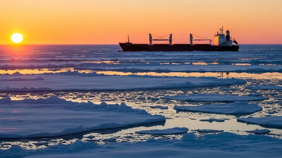 Cargo ship sailing among melting Arctic ice at sunset.