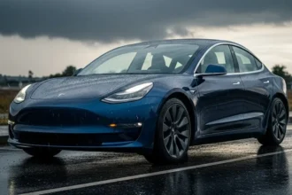 Electric car parked on wet street with dark clouds during monsoon.