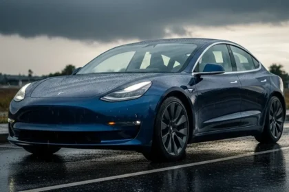 Electric car parked on wet street with dark clouds during monsoon.