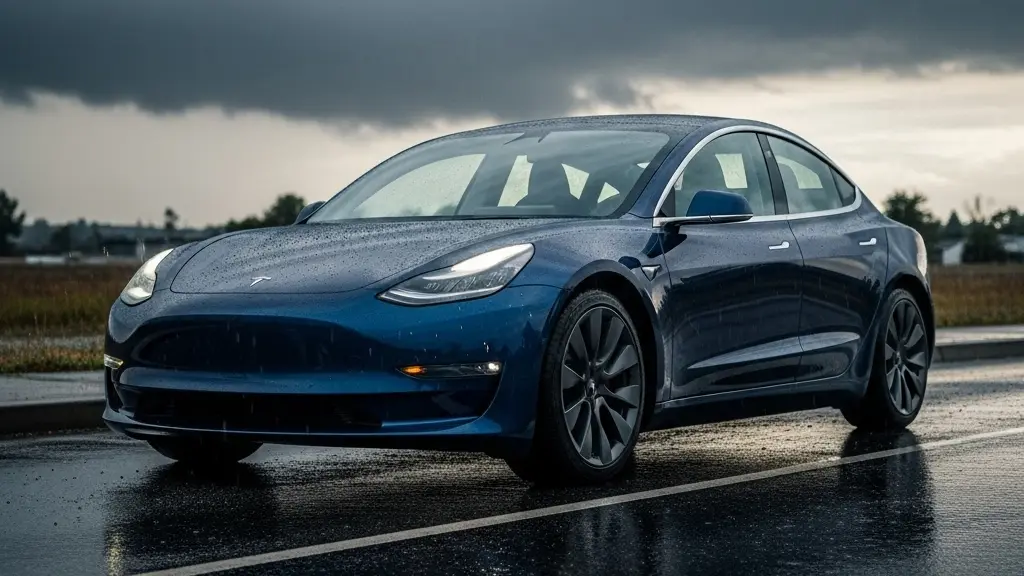 Electric car parked on wet street with dark clouds during monsoon.