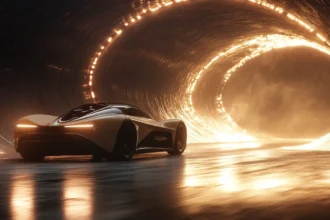 Futuristic sports car speeding through a glowing tunnel with dynamic lighting.