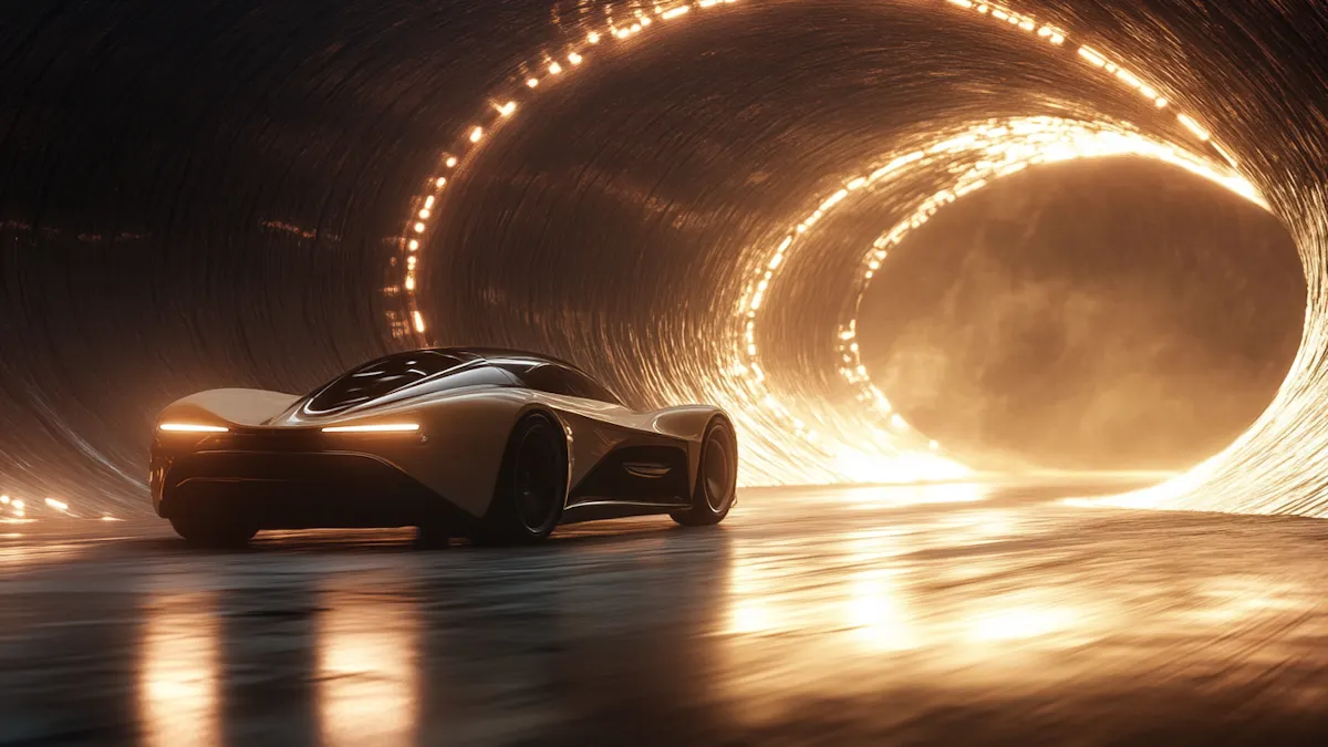Futuristic sports car speeding through a glowing tunnel with dynamic lighting.