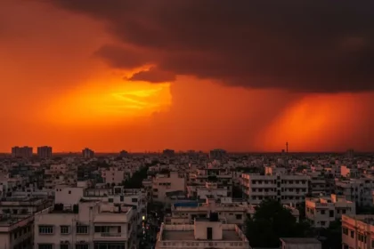 City skyline at sunset with storm clouds and glowing buildings in India.
