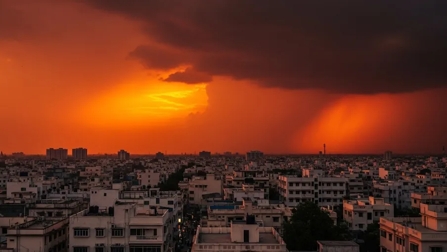 City skyline at sunset with storm clouds and glowing buildings in India.