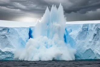 Huge iceberg breaking off Antarctic ice sheet under stormy sky during calving process