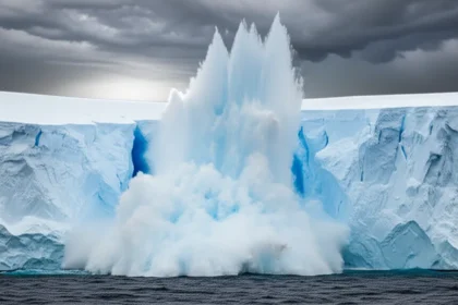Huge iceberg breaking off Antarctic ice sheet under stormy sky during calving process