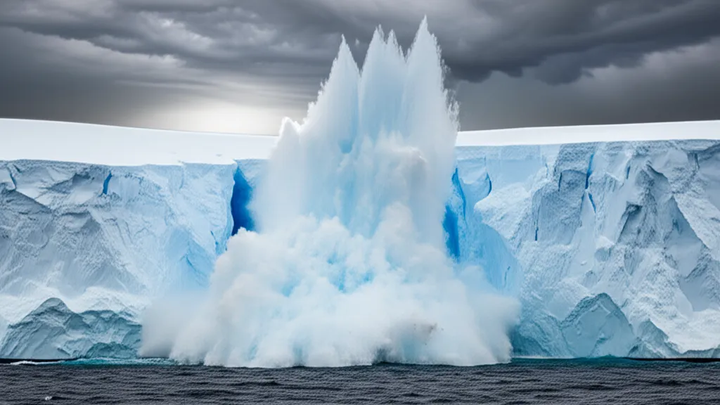 Huge iceberg breaking off Antarctic ice sheet under stormy sky during calving process